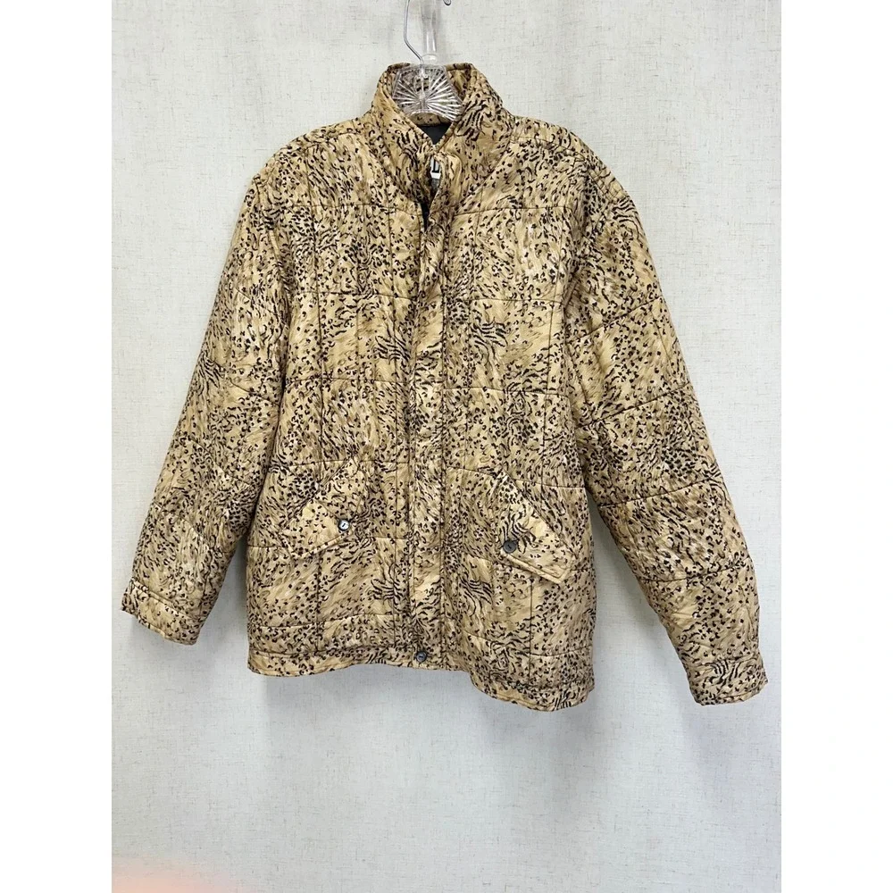 Clio Vintage 90s Quilted Jacket Medium Tan Vintage Animal Print Silk Puffer Coat - Picture 3 of 16